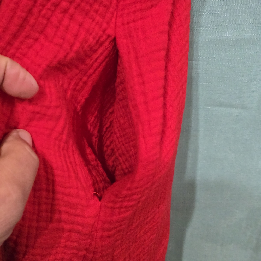 See and Be Seen Red Dress W/Embroidered Colorful Flowers W/Pockets EUC - Picture 9 of 10